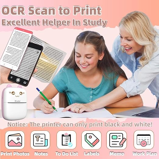 mini portable Thermal Label Printer | Portable Inkless Sticker Printer for Android & iOS | Pink Cat Design