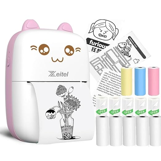 mini portable Thermal Label Printer | Portable Inkless Sticker Printer for Android & iOS | Pink Cat Design