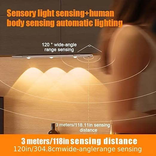 Motion Sensor LED Under Cabinet Light | 40cm Dimmable, 3 Color Modes (Warm/Neutral/Cool) | USB Rechargeable Wireless Closet Lamp